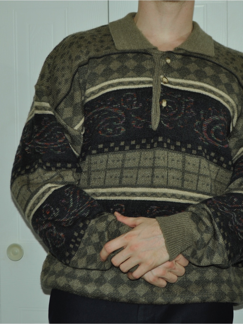 Olive and Black Patterned Zip Polo Sweater